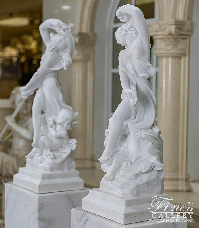 Marble Statues  - Lovely Ladies Carved Marble Statues Pair - MS-1340